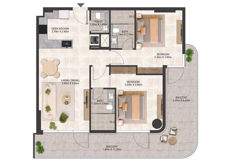 Livia Residences Dubai South 2-BR Apartment Floor Plan Livia Residences Dubai South 2-BR Apartment Floor Plan